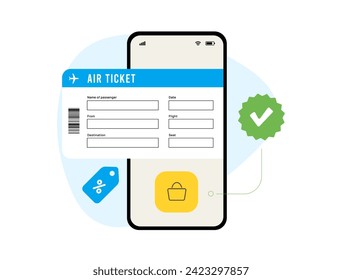 Seamless travel experience. Mobile app with airline ticket, purchase button and discount tag icon. Effortless mobile app ticket booking for convenient and discounted travel. Vector illustration