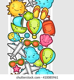 Seamless travel kawaii pattern with cute doodles. Summer collection of cheerful cartoon characters sun, airplane, ship, balloon, suitcase and decorative objects.
