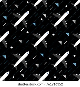 seamless travel pattern background with airplane and glitter star on night sky