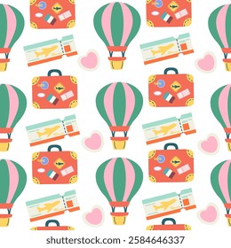 Seamless travel pattern with balloon, ticket, suitcase