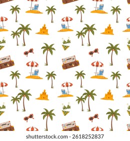 Seamless Travel pattern. Seamless pattern with beach items, palms, sandcastle. Endless texture about travel, tourism, summer holidays and vacation. Flat vector illustration on white background.