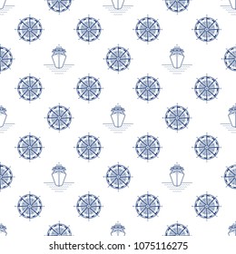 Seamless Travel Pattern, Blue Cruise Ship and Windrose on a White Background, Maritime Tourism Concept , Line Style Design, Vector Illustration
