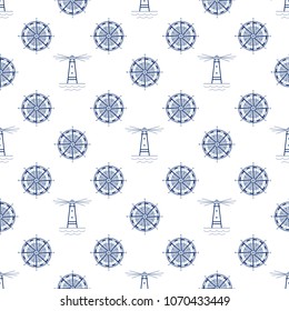 Seamless Travel Pattern, Blue Lighthouse and Windrose on a White Background, Maritime Tourism Concept , Line Style Design, Vector Illustration