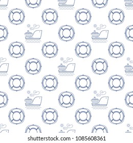 Seamless Travel Pattern, Blue Ship and Lifebuoy on a White Background, Maritime Tourism Concept , Line Style Design, Vector Illustration