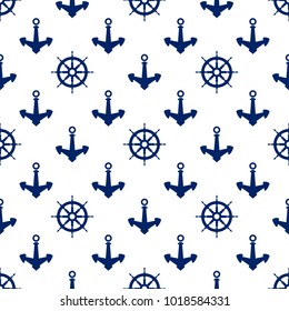 Seamless Travel Pattern ,Blue Ship's Wheel and Anchor on a White Background, Maritime Tourism Concept , Vector Illustration