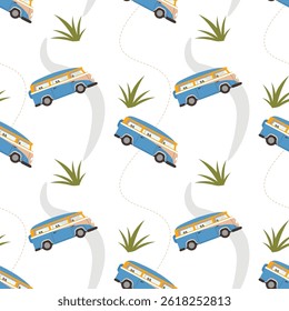 Seamless Travel pattern. Seamless pattern with car,  summer retro-bus and roads. Endless texture about travel, tourism, summer holidays and vacation. Flat vector illustration on white background.