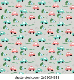 Seamless Travel Pattern with Cute Cars and Nature Elements – Kids Road Trip Vector Background