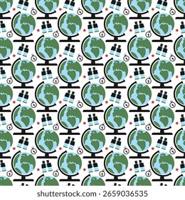 Seamless travel pattern with globe, compass, binoculars for world travel, tourism, discovery