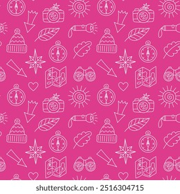 Seamless travel pattern. line art Hand drawn. Pink background. Vector illustration. For textiles, clothes, backgrounds, postcards. Travel, hiking and camping concept.
