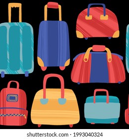 Seamless travel pattern with luggage. Colorful trendy flat style hand drawn suitcases, travel bags and backpacks. Vector decorative illustration for packaging, textile, cards, advertising or web.