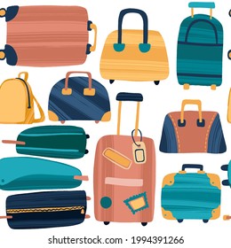 Seamless travel pattern with luggage. Colorful trendy flat style hand drawn suitcases, travel bags and backpacks. Vector decorative illustration for packaging, textile, cards, advertising or web.