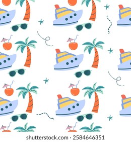 Seamless travel pattern with palm, cruise ship, sunglasses