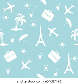 Seamless travel pattern with pictures of Eiffel Tower, umbrella, bag, palm, plane, juice, sun