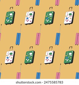 Patrón de viaje sin fisuras que refleja la estética Y2K. Equipaje con pegatinas de viaje de fondo repetible. Ilustración plana de contorno de Vector.