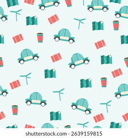 Seamless travel pattern with retro cars, suitcases, maps, wind turbines, and coffee cups. Ideal for kids' products, wrapping paper, travel-themed textiles, and digital backgrounds