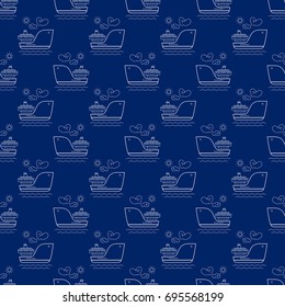 Seamless Travel Pattern with Ship, Maritime Tourism Concept , Line Style Design, Vector Illustration  
