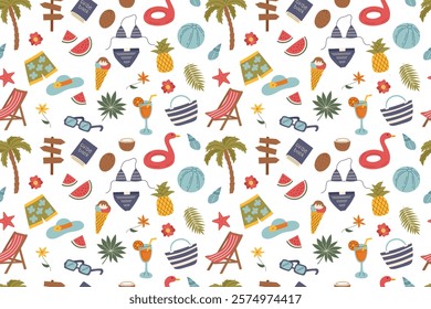 Seamless travel pattern with summer beach objects isolated on white. Travel, vacation, summer, beach concepts. Vector flat background.