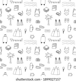 Seamless travel pattern, things for travel, vector illustration, hand drawing