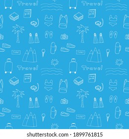 Seamless travel pattern, things for travel, vector illustration, hand drawing, blue