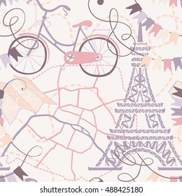 Seamless travel pattern with tower, bicycle, maps and bunting flags.