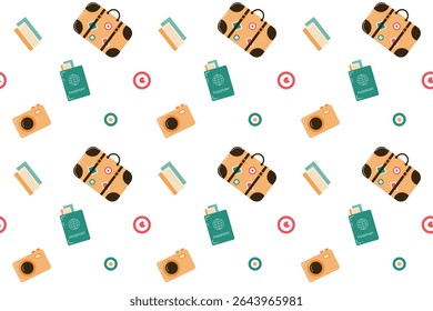 Seamless travel  pattern with transparent background. Ornament with travel accessories.Summer holiday concept. Suitcase, passport, camera tickets. Flat cartoon design.Vector illustration - Powered by Shutterstock - Get 15% off with code: PIKWIZARD15