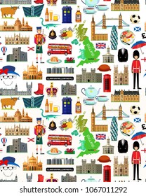 Seamless Travel pattern of United Kingdom.United Kingdom Travel Map. Vector Illustration.
