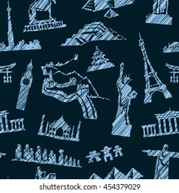 Seamless travel pattern. Vector background with monuments from all over the world