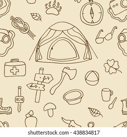 Seamless travel pattern. Vector doodle sketch. Hand drawn symbols of tourism and camping - tent, ax, binoculars, shoes, dishes . Background for use in design, packing, textile, fabric