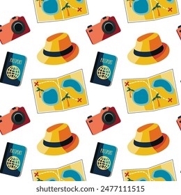 Seamless travel pattern vector with hats, passports, maps, and cameras on a white background. Ideal for travel-themed designs, fabric prints, wallpapers, and wrapping paper.