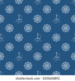 Seamless Travel Pattern with Yacht and Windrose, Maritime Tourism Concept , Line Style Design, Vector Illustration