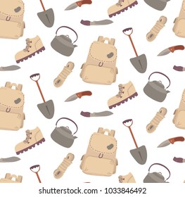 Seamless travelling camping hiking pattern cartoon illustartion boot rope knife kettle teapot shovel