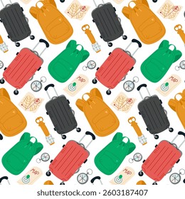Seamless travel-themed pattern with suitcases, backpacks, maps, compasses, and watches in a colorful, modern design. Vector hand drawn flat illustration on white background