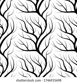 Silhouettes de ramas de árboles sin foco. Ornamento repetido con invierno o bosque muerto. Ilustración vectorial.