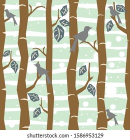 Seamless Tree Pattern with big birds and leaves. Vector Illustration.