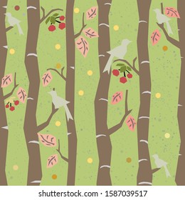 Seamless Tree Pattern with big birds, berries and leaves. Autumn Design. Vector Illustration.