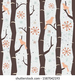 Seamless Tree Pattern with big birds and snowflakes. Winter Design. Vector Illustration.