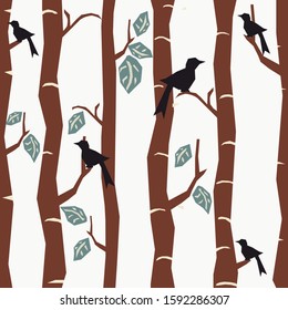 Seamless Tree Pattern with big birds and leaves. Vector Illustration.