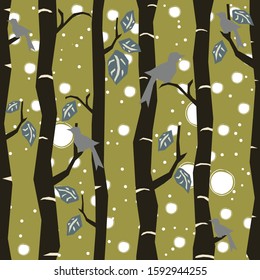 Seamless Tree Pattern with big birds and leaves. Vector Illustration.