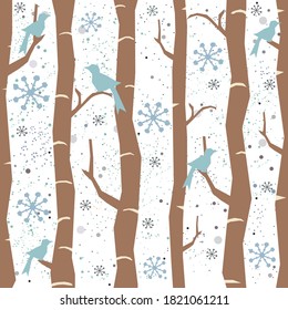 Seamless Tree Pattern with big birds and snowflakes. Winter Design.  Illustration.