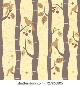 Seamless Tree Pattern with big birds, berries and leaves. Autumn Design. Vector Illustration.