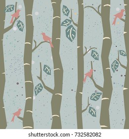 Seamless Tree Pattern with big birds and leaves. Vector Illustration.