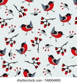 Seamless Tree Pattern with big birds and twigs with berries. Vector Illustration.