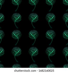 Seamless tree pattern. Dark hand drawn nature and ecology theme background. Gradient color trees on black background. EPS 10