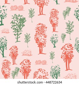 Seamless tree pattern, deciduous trees elements. Hand drawn style, red and green colors.