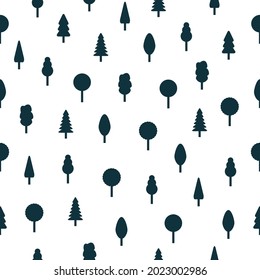 Seamless tree pattern. Forest concept black silhouettes. Cute nature white background with different trees. Vector isolated on white