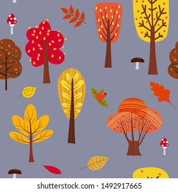 Seamless tree pattern forest woodland with leaves and mushrooms illustration in trendy cartoon flat style