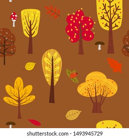 Seamless tree pattern forest woodland with leaves and mushrooms illustration in trendy cartoon flat style
