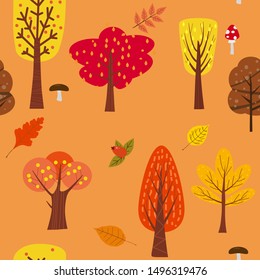 Seamless tree pattern forest woodland with leaves and mushrooms illustration in trendy cartoon flat style