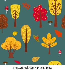 Seamless tree pattern forest woodland with leaves and mushrooms illustration in trendy cartoon flat style