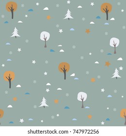 Seamless Tree Pattern with small trees, hills. Vector Illustration